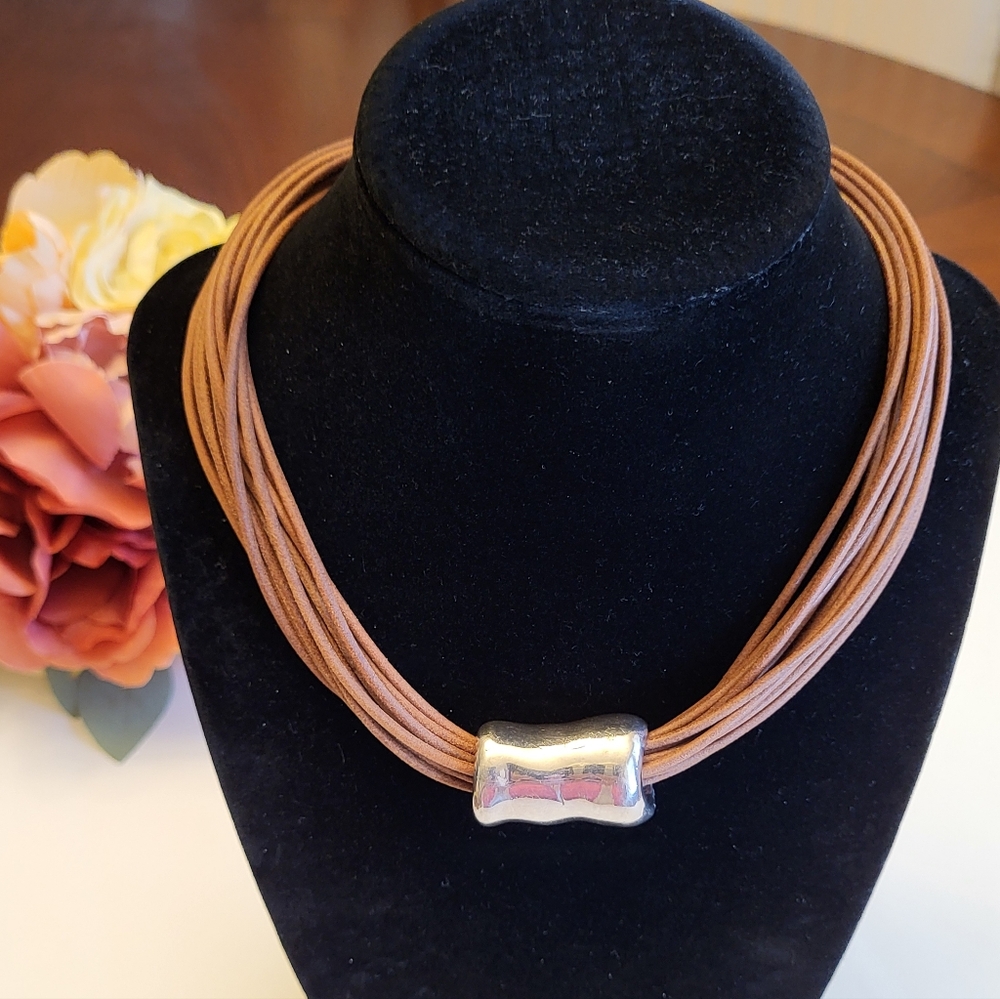 925 Leather Band String Necklace Chunky Slide Pendant Statement Boho Casual 16"